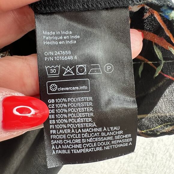 H&M Medium M Frill Ruffle Trimmed Chiffon Blouse Black Floral Smocked High Neck - Picture 8 of 16